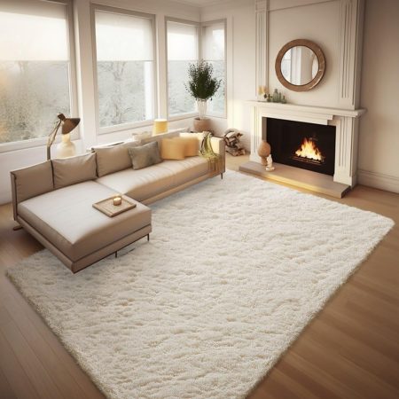 Ivory White Non-Slip Washable Long-Pile Living Room Rug