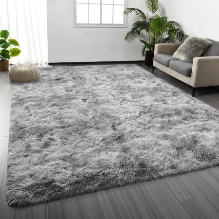 Light Gray Tie-Dye Fluffy Long-Pile Living Room/Bedroom Rug